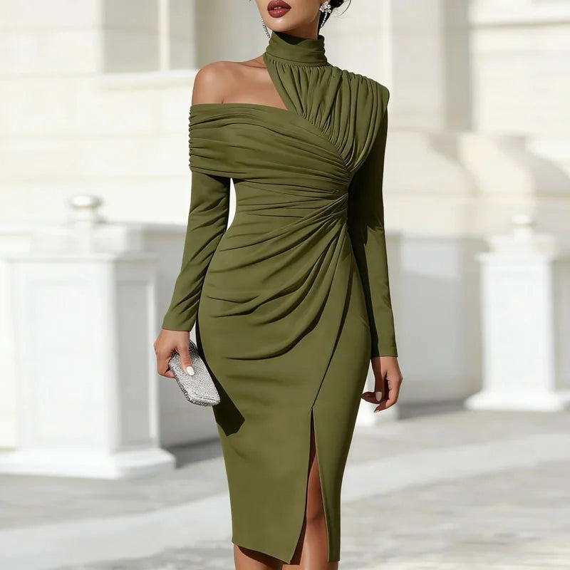 Ruched Off Shoulder Midi Dress High Neck Hollow Slit — Black | KIMLUD