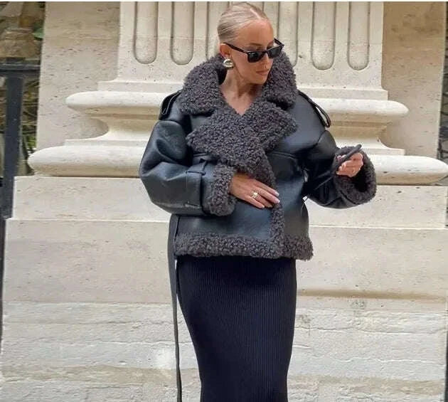 KIMLUD, Faux Fur Leather Long Jacket Women Lapel Long Sleeve Belt Thicken Female Coats Winter Fashion Street Patchwork Lady Outwear, KIMLUD Womens Clothes