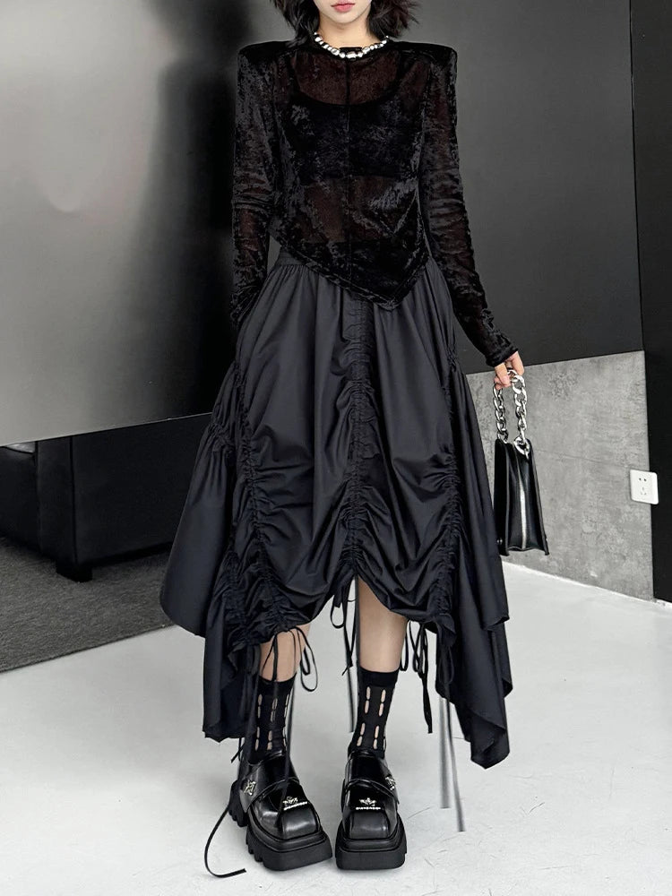 Skirt – Drawstring Waist – Irregular Hem – Cotton – Black | KIMLUD