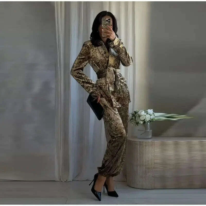 KIMLUD, Fashion Velvet Print Lapel Belt Suit Pant Set Women Solid Lace Up Full Sleeve Blazer Wide Leg Cuffed Pants 2025 Autumn Lady Sets, KIMLUD Womens Clothes