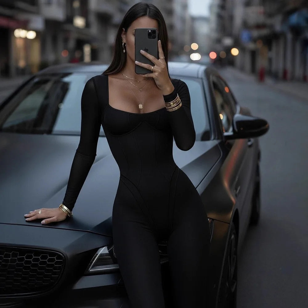 Backless Jumpsuit Long Sleeve High Waist Hollow Out — Burgundy | KIMLUD