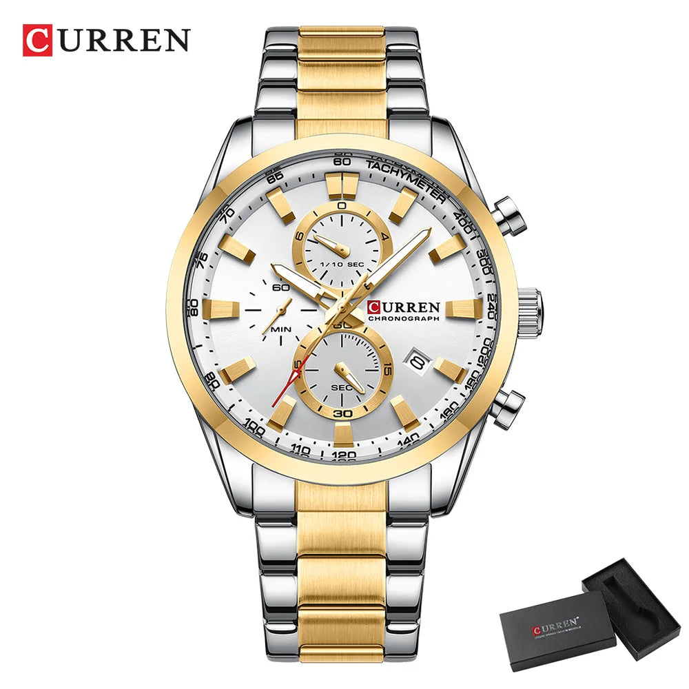 CURREN Quartz Chrono Sport Watch Brands for Men - Stainless Steel Bracelet and Multifunctional Dial