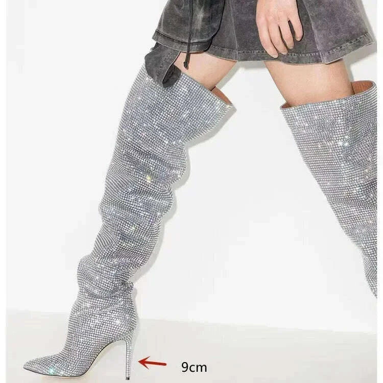 KIMLUD, High quality European and American knee length rhinestone pile boots for women's sexy slim high heeled pointed runway boots, KIMLUD Womens Clothes
