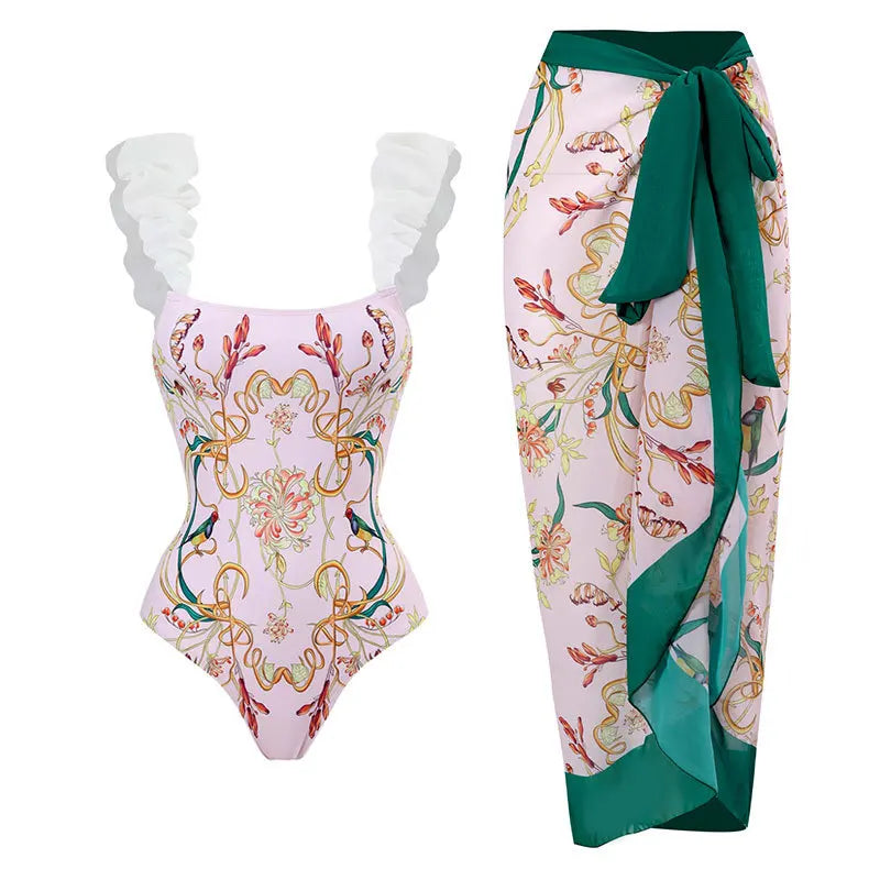 Halter Floral One Piece Swimsuit Skirt — Green | KIMLUD