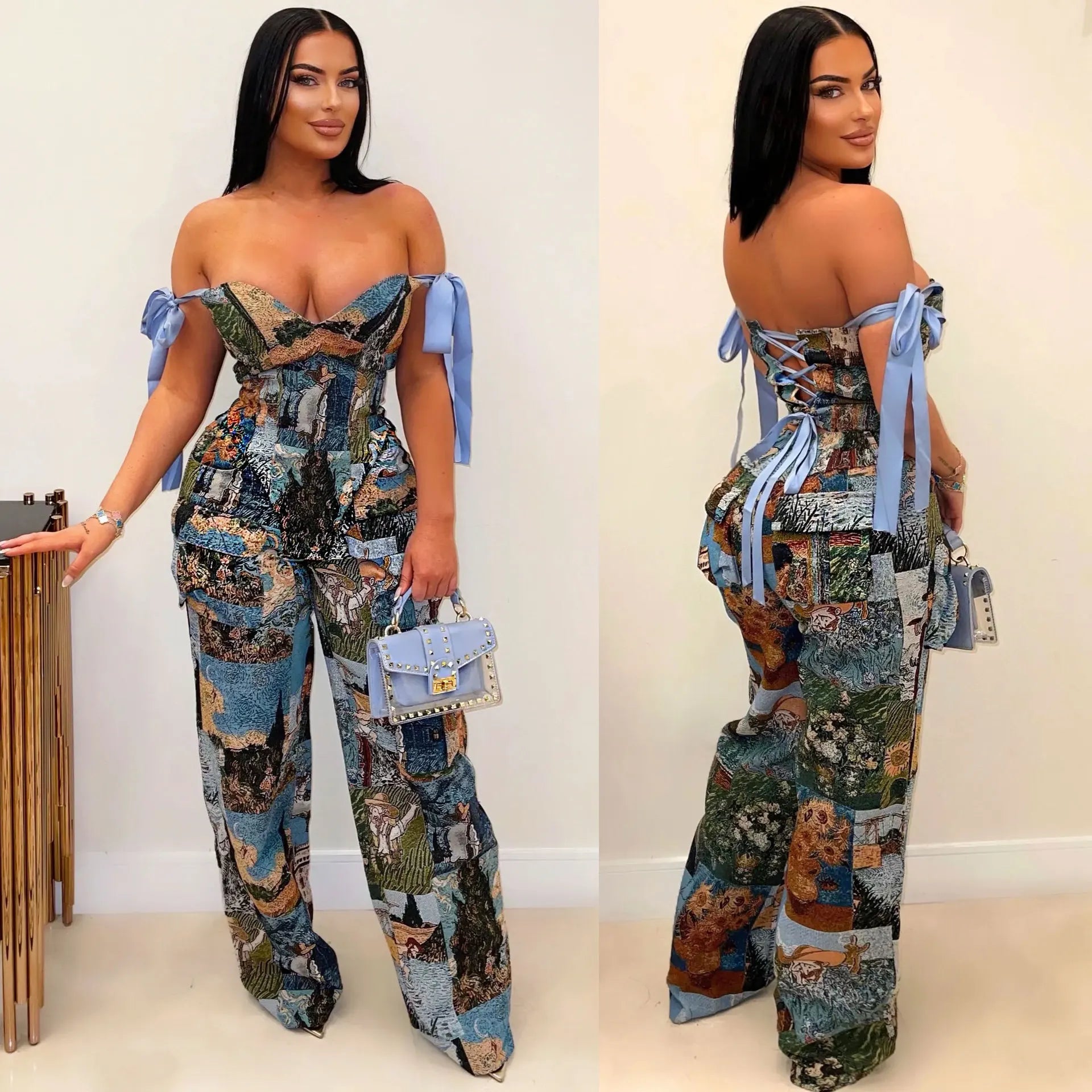 Oil Painting Print Knit Two Piece Set With Lace Up Back Crop Top — Blue | KIMLUD