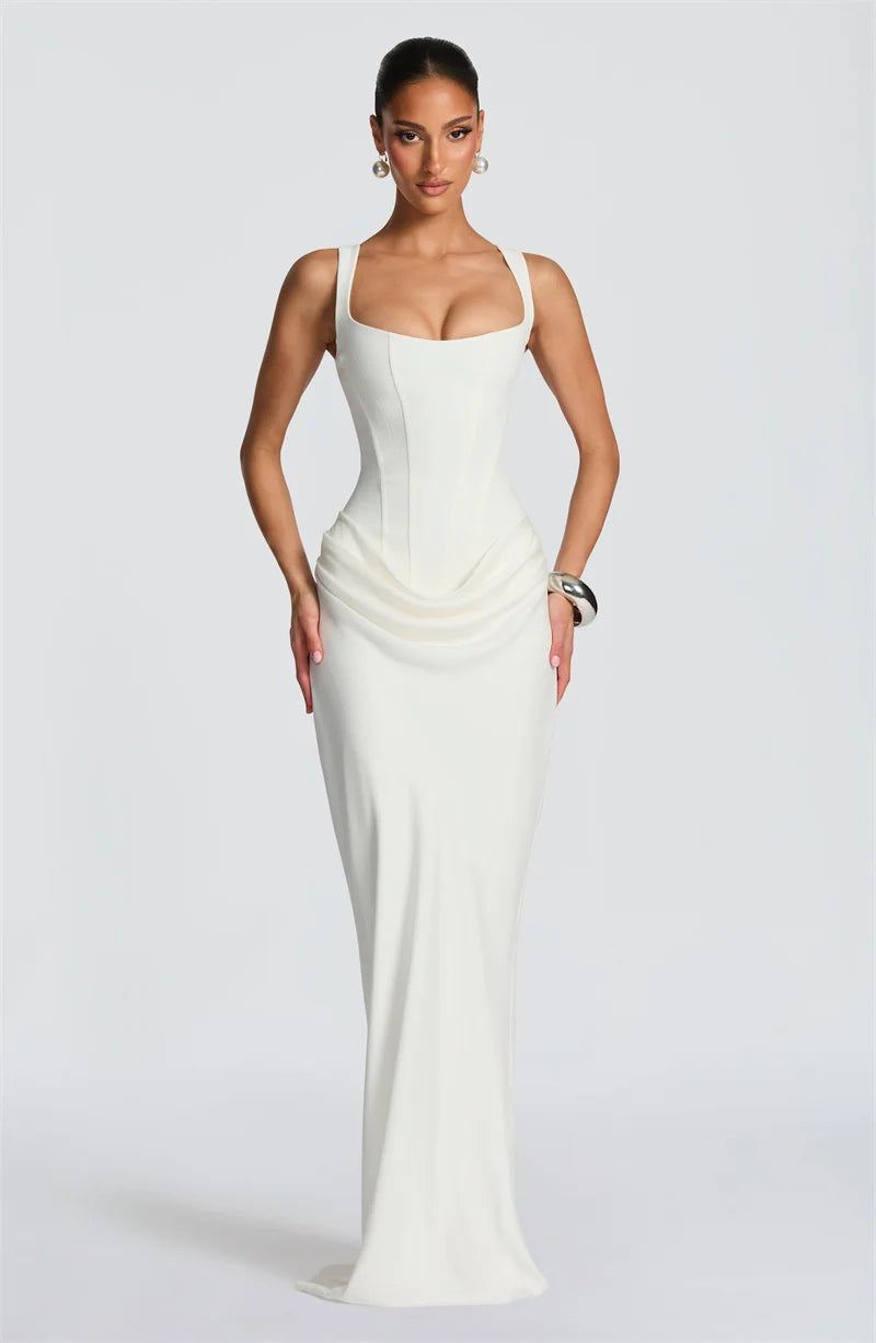 Backless Maxi Dress With Square Collar — Burgundy | KIMLUD