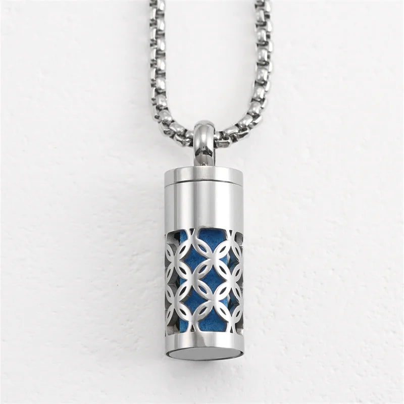 Polished Stainless Steel Necklace Lotus Aromatherapy Pendant — Blue | KIMLUD