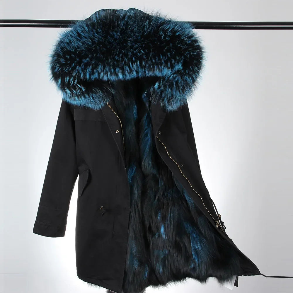 Maomaokong Winter Women's Fur Jacket Long Outdoor Tops Real Fox Fur Collar Inner Fur Lining Parka Natural Silver Fox Women Coat