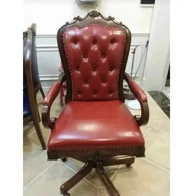 12American Genuine Leather Retro Carved Solid Wood Swivel Chair Office Chair Lift