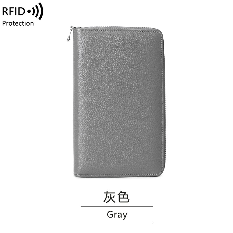 RFID Anti-Theft Cowhide Leather Wallet — Long Passbook Card Slots Black | KIMLUD