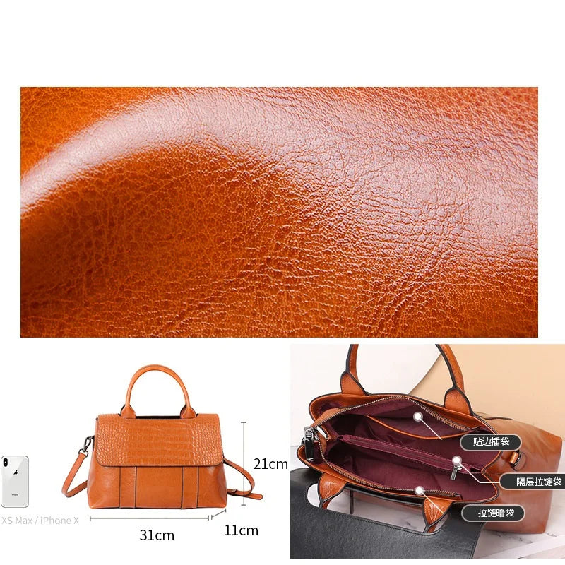 Genuine Leather Shoulder Bag Crocodile-Print — Cognac Brown | KIMLUD