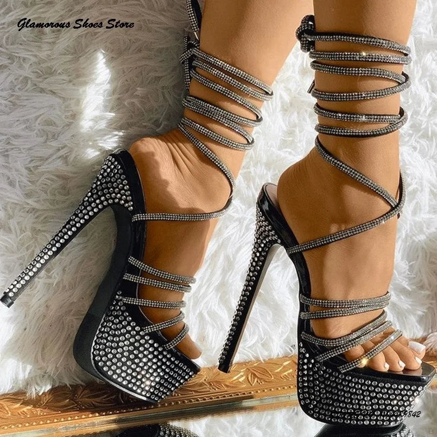 Sparkling Rhinestone Platform Sandals Summer Round Open Toe Thin High Heels Fashion Strappy Stilettos Lace-up Women's Shoes