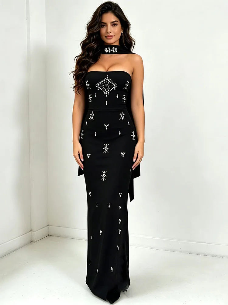 Sexy Strapless Luxury Rhinestones Bandage Dress Women with Scarf Black Sleeveless Diamonds Beading Bodycon Dresses Evening Party