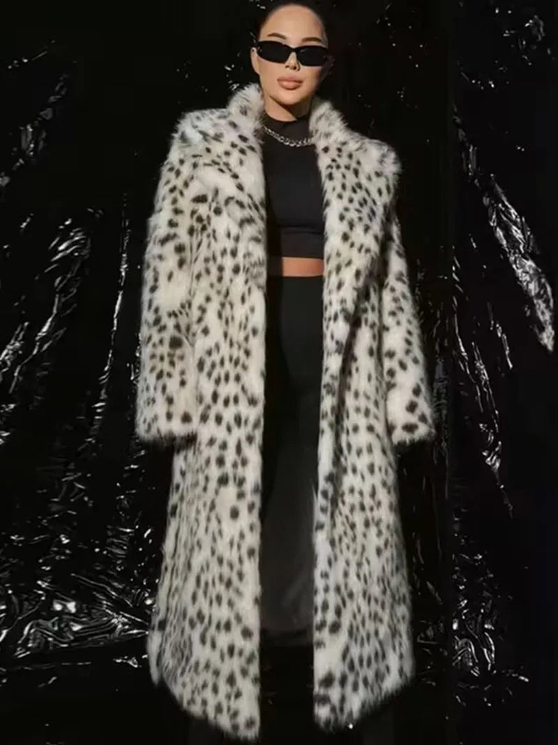 Coat - Belted Long Leopard Faux Fur - Leopard Print | KIMLUD