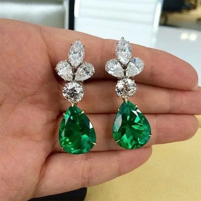 Cubic Zirconia Drop Earrings Water-Drop Inlaid — Emerald | KIMLUD