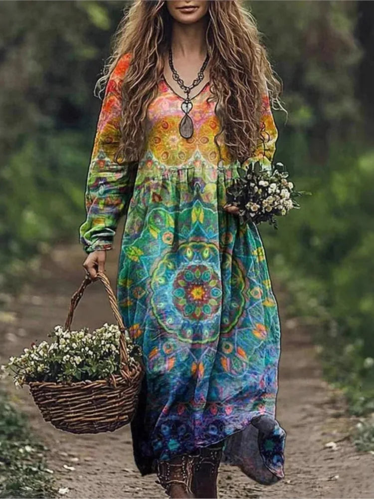 Boho Vintage Print Long Dresses For Women 2025 Casual V Neck Full Sleeve Splice High Waist Loose Dress Autumn Fashion Vestidos