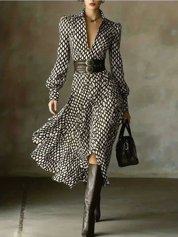 KIMLUD, Spring and summer new style lapel print women's long sleeved dress diamond grid waist casual and comfortable dress, KIMLUD Womens Clothes