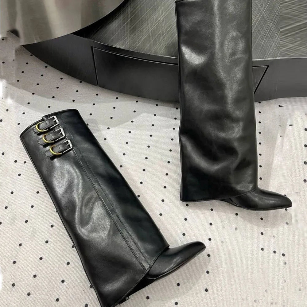 Sexy Fashion Women Fold Over Boots Pointed Toe Chunky Heels Multiple Metal Buckles Knee High Boots Nightclub Luxury Shoes