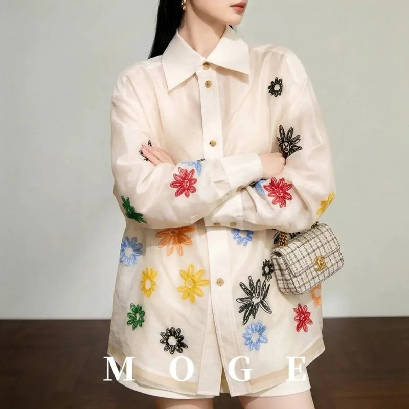 Blouse - Embroidered Floral - Loose | KIMLUD
