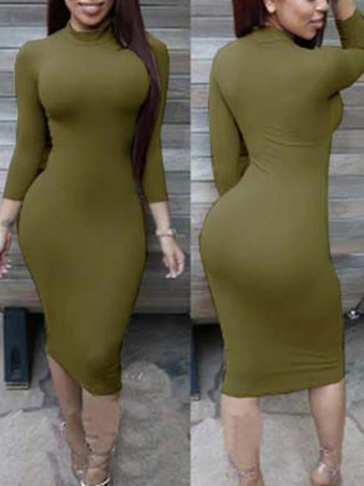 Sexy Solid Color Elastic Slim Bodycon Dress Women Long Sleeves Girdling Waist Skinny Dress Elegant Club Party Vestidos