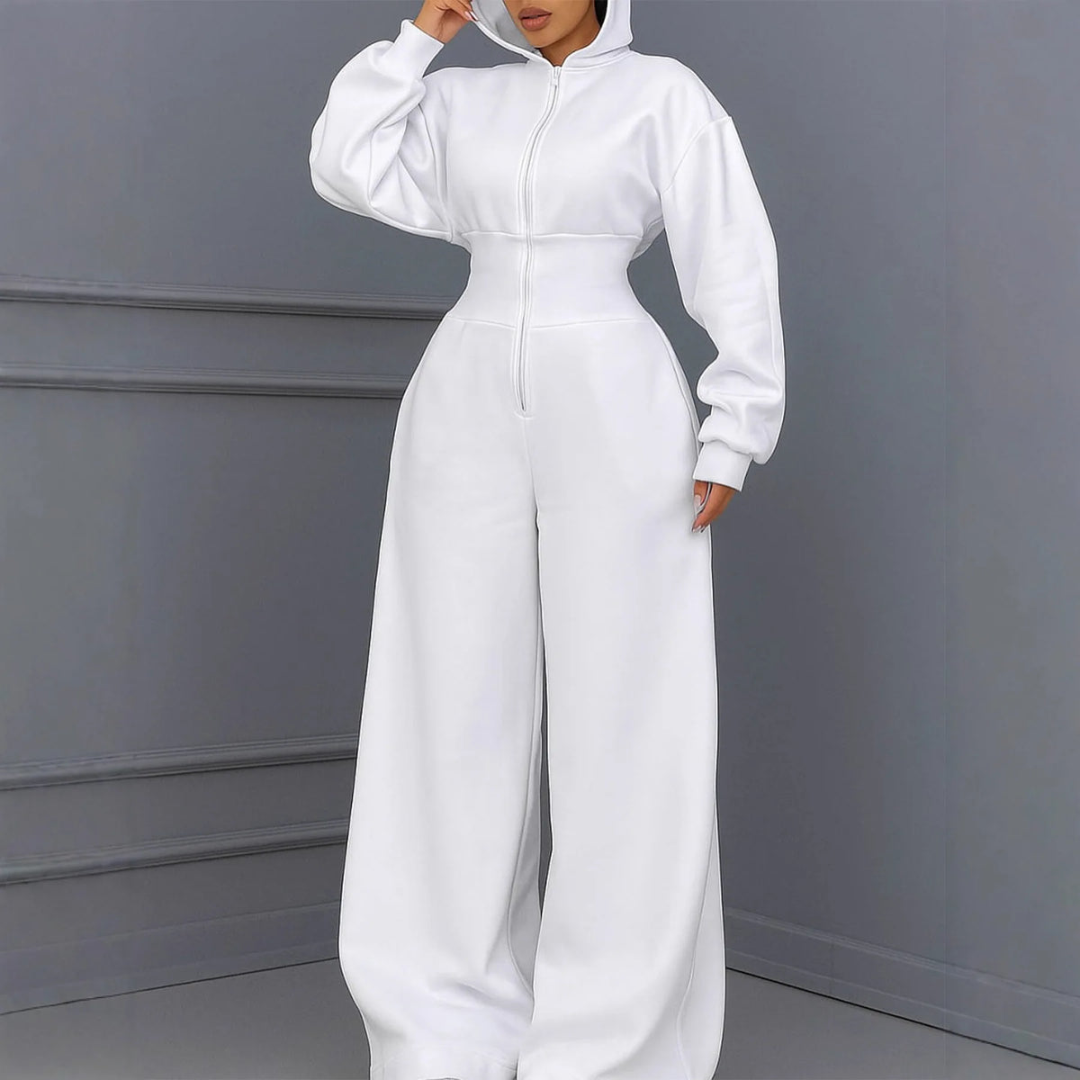 Hooded Zipper Jumpsuit Elastic-Waist — Black | KIMLUD