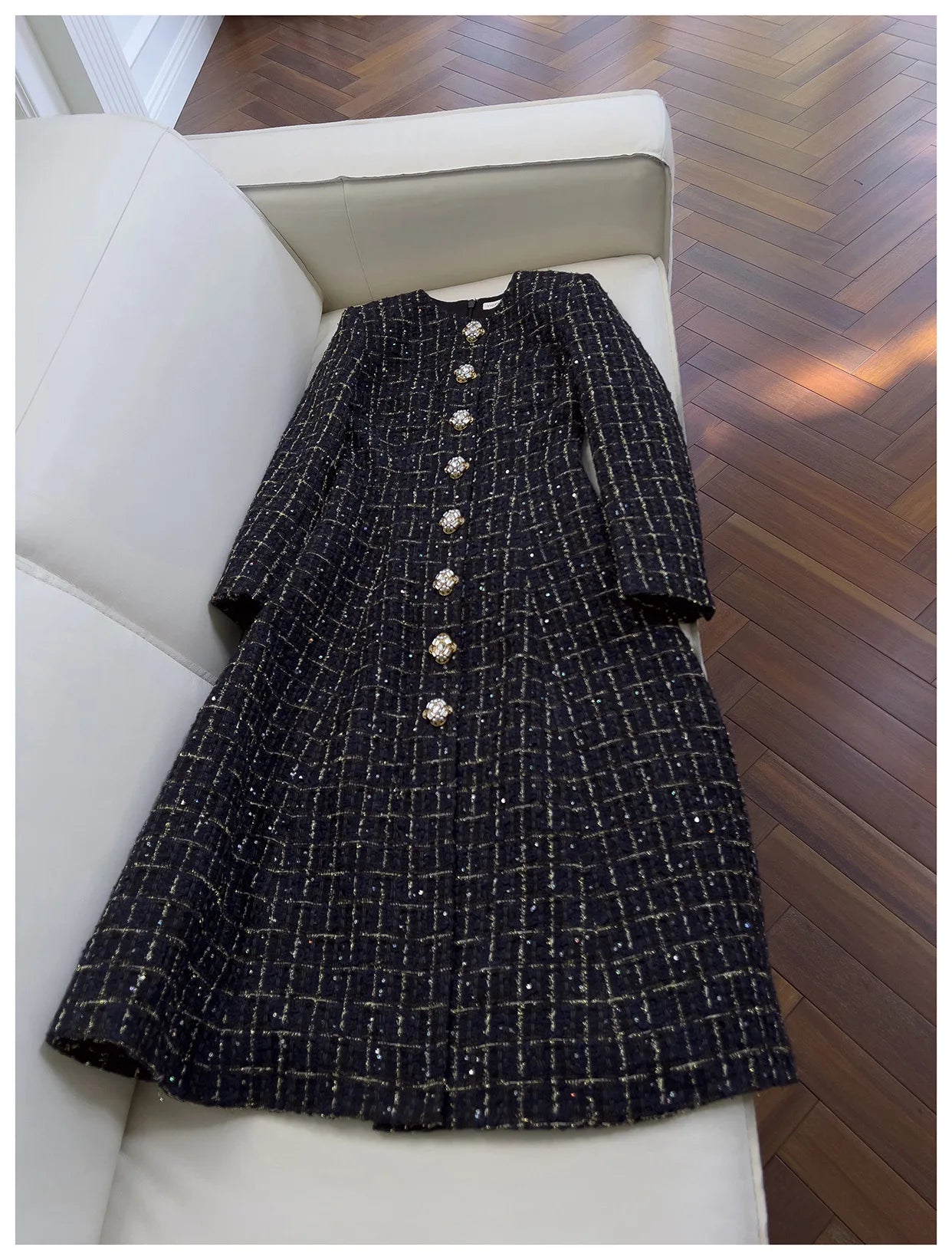 IEQJ Fashion Autumn Winter Evening Dress Women O-Neck Long Sleeves Single-breasted Zipper Cotton Tweed Umbrella Dresses New