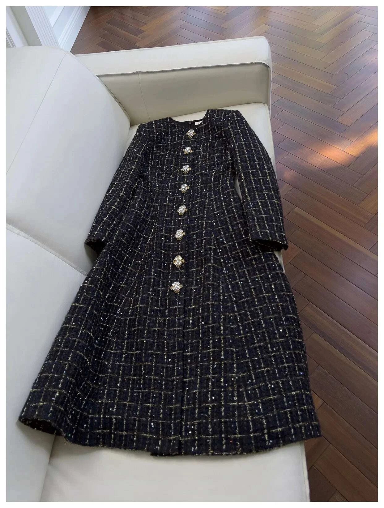 KIMLUD, IEQJ Fashion Autumn Winter Evening Dress Women O-Neck Long Sleeves Single-breasted Zipper Cotton Tweed Umbrella Dresses New, KIMLUD Womens Clothes