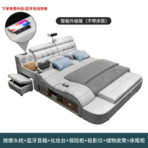 Multi functional intelligent massage tatami leather bed master bedroom double 2m bed wedding bed modern minimalist projector