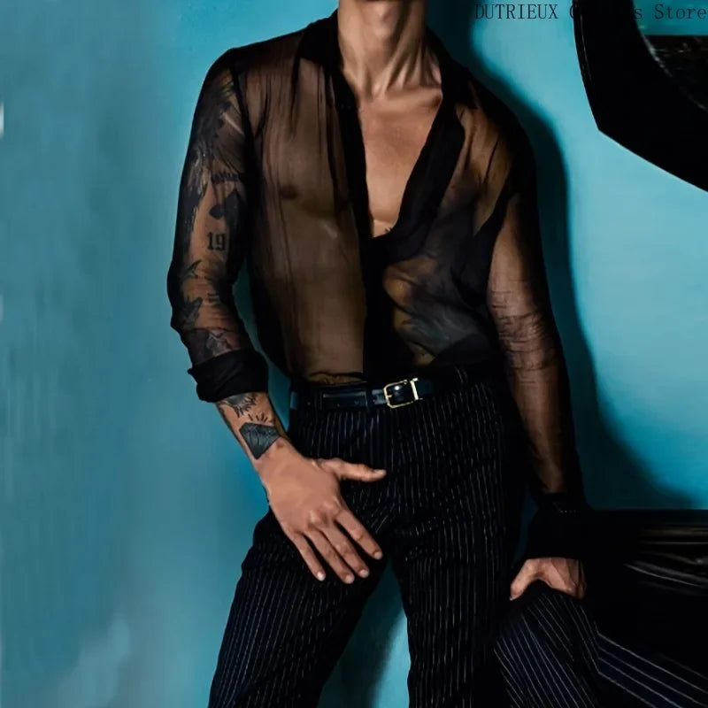 Semi-Sheer Polyester Shirt Breathable — Black | KIMLUD