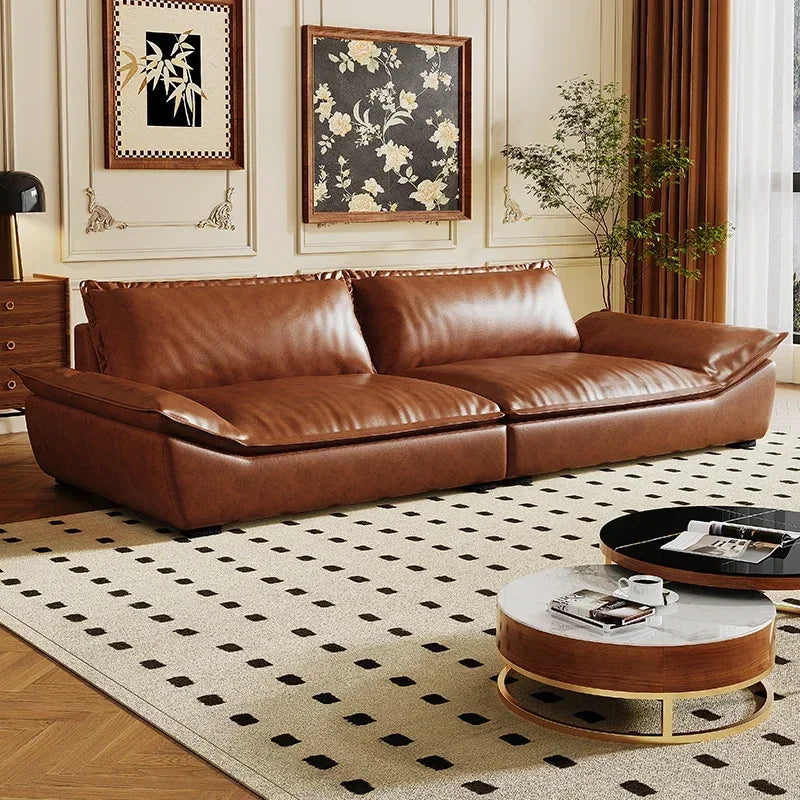 Ergonomic European Leather Sofa With Sculptural Low Profile — Brown | KIMLUD