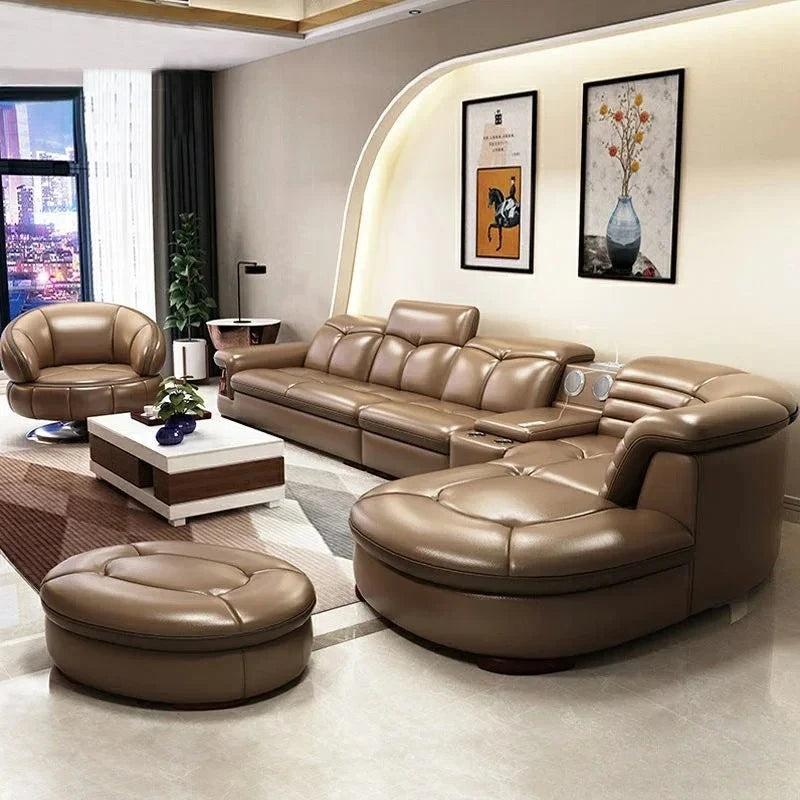 Genuine Leather Solid L-Shaped Sofa — Black | KIMLUD