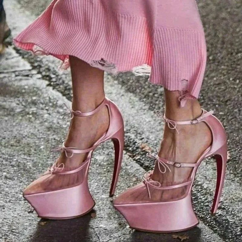 PU Stiletto Sandals Silk Bow Buckle — Soft Pink | KIMLUD