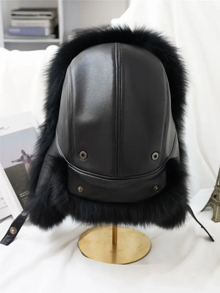 Real Silver Fox Fur Bomber Hat Leather Top — Silver | KIMLUD