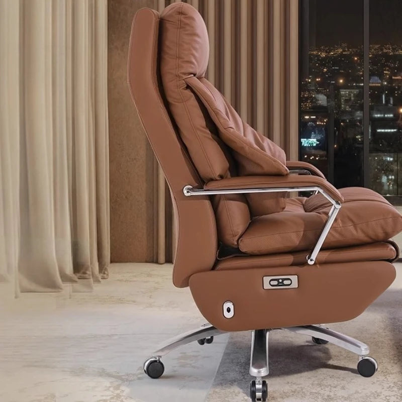 Genuine Leather Massage Chair Swivel Lift Ergonomic Office Chair — Cognac Brown | KIMLUD