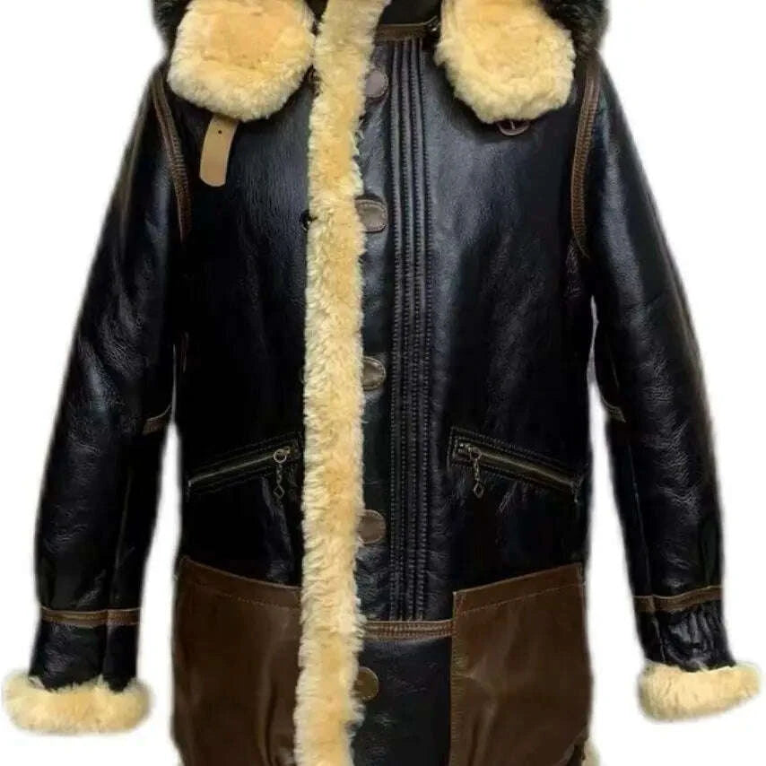 KIMLUD, Winter Men Original Fur Coat Mid-length Thickened Sheepskin Leather Coat Bomber Hooded Wool Lining Warm Snow Men's Clothing, KIMLUD Womens Clothes