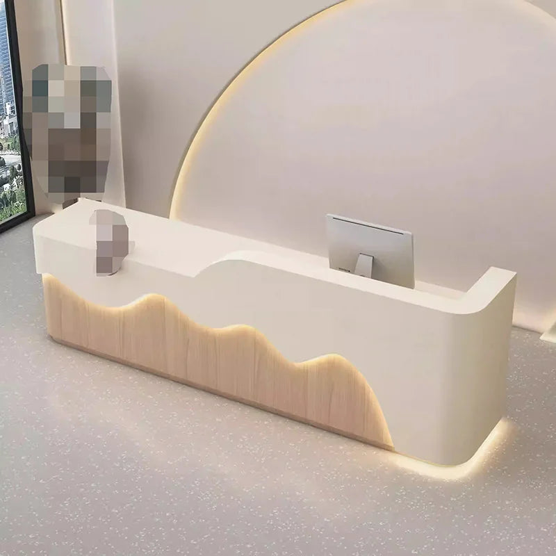 Wood-Based Panel Reception Desk Executive Curved Front With Integrated Shelving And Matte Finish — White | KIMLUD
