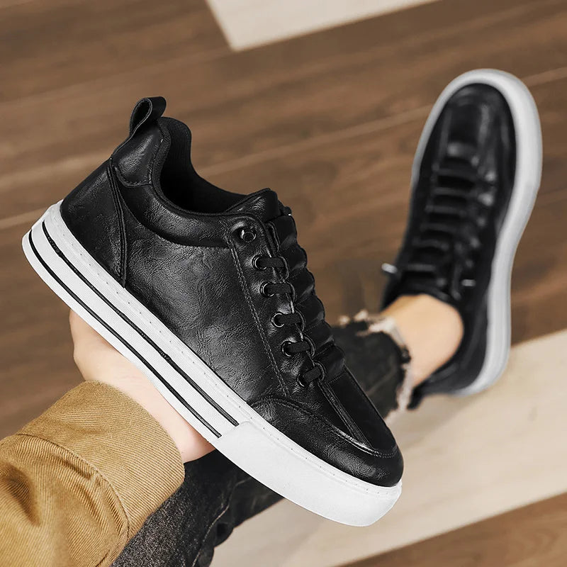 HKDQ Trend Leather Casual Shoes Men Fashion Leisure Slip-on Men's Shoes Original Design Elastic Comfortable Men Skateboard Shoes