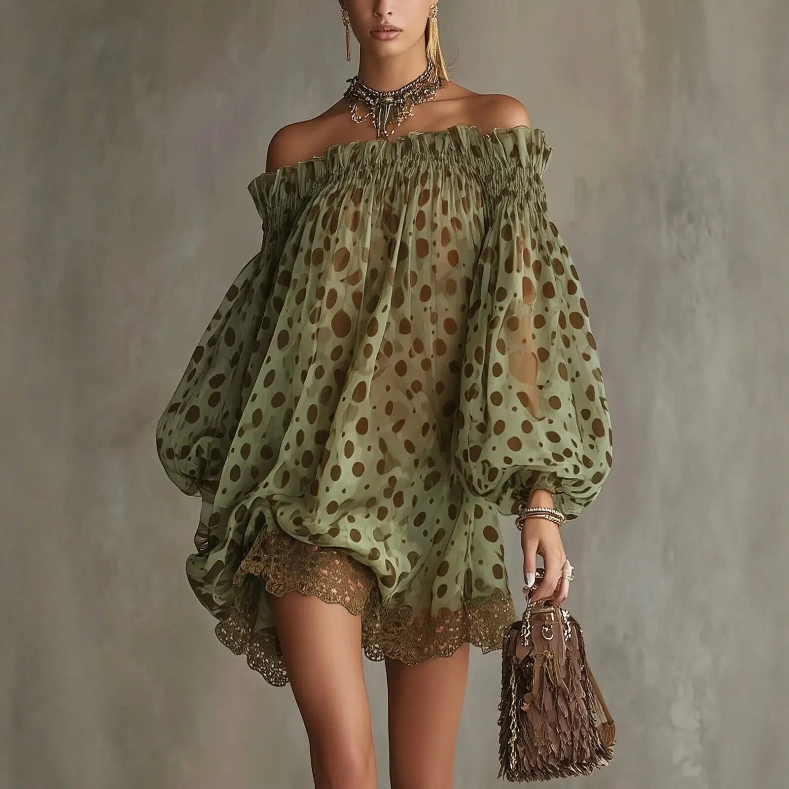 Polyester Off-Shoulder Puff Sleeve Mini Dress Olive Polka Dot | KIMLUD