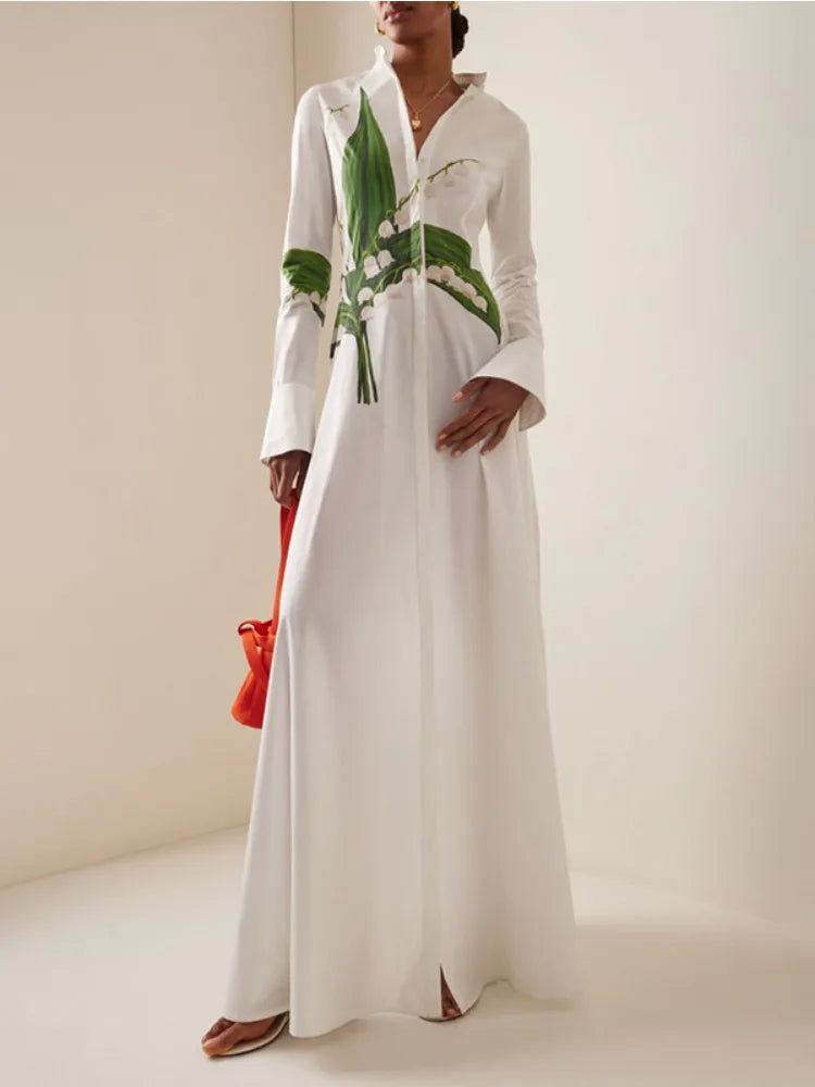 Women's Elegant Floral Printed Formal Office Shirts Dress Long Sleeves Buttoned Stand Collar Party Evening A-line Maxi Dresses