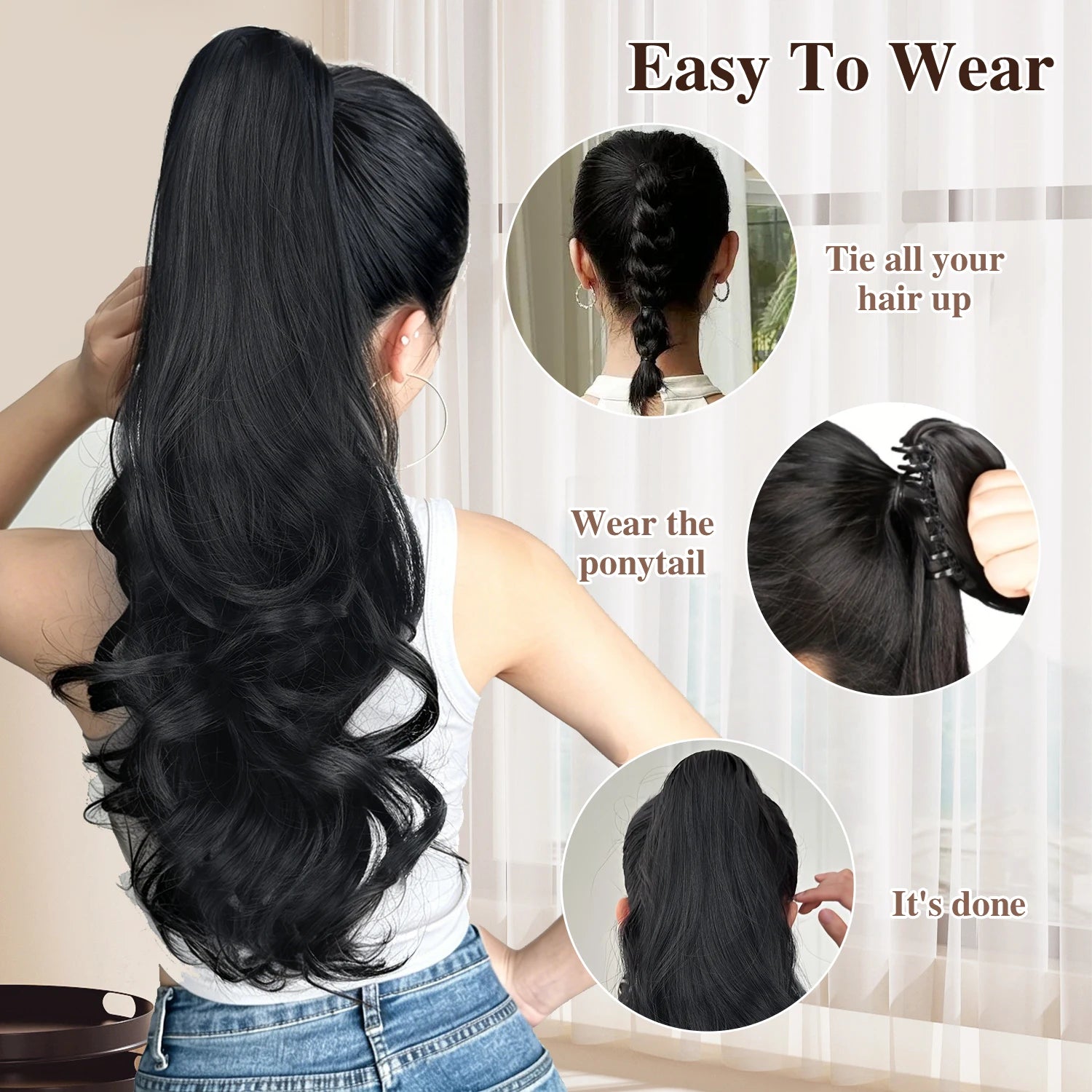 Synthetic Claw Ponytail Extensions 20inch Wavy Clip Claw Ponytail Hair for Women Ladies Daily Party Holiday