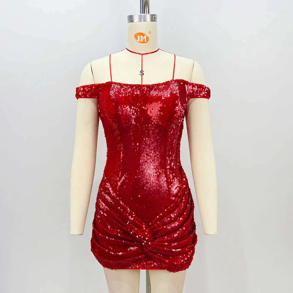 KIMLUD, VC Party Dazzling Glamour Red Sequin Off-Shoulder Ruched Mini Dress Fashion Sexy Prom Gown, KIMLUD Womens Clothes