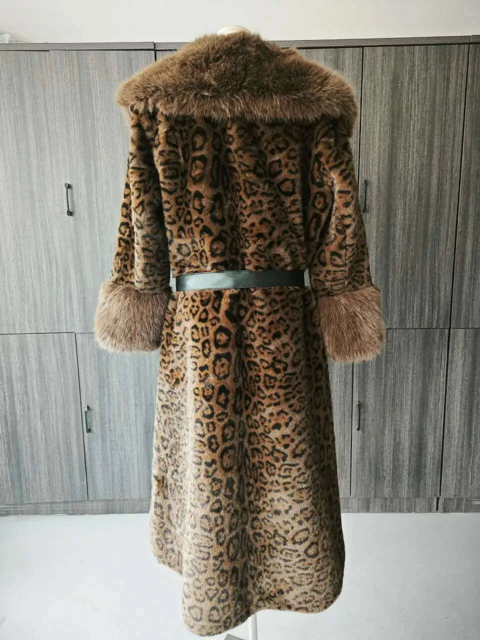 KIMLUD, ZMEENNA Brown Leoppard Print Big Size Long Faux Fur Jacket New Lapel Long Sleeve Women Coat Fashion Autumn Winter 2024 ZM593, KIMLUD Womens Clothes