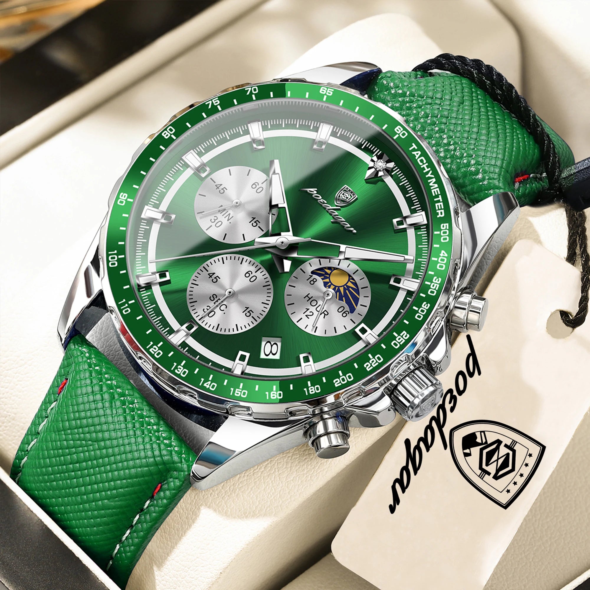 Leather Watch Chronograph Luminous Hands Date Waterproof 3ATM Sport Casual — Silver | KIMLUD