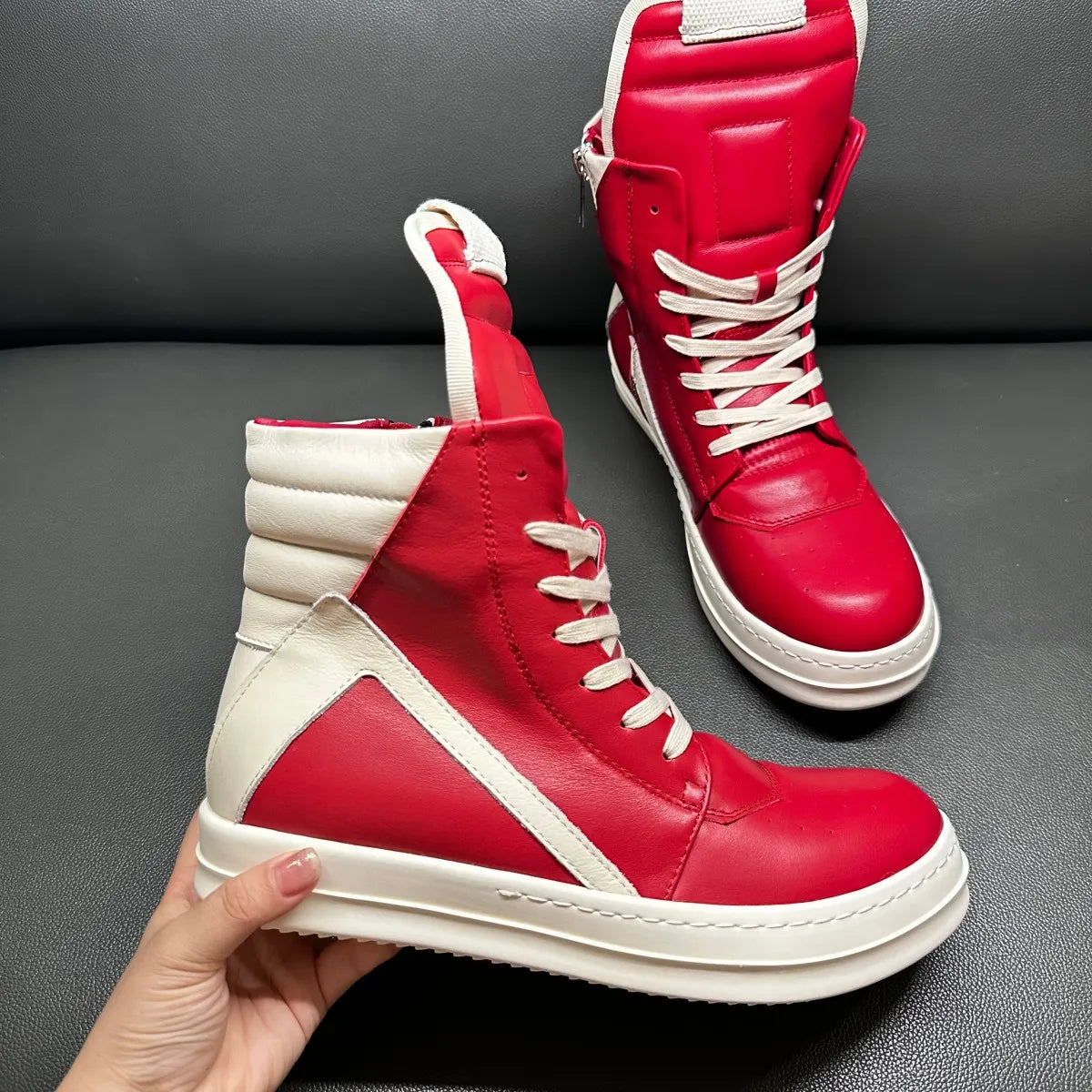 High Top Sneaker – ZIP Closure – Leather – Beige | KIMLUD