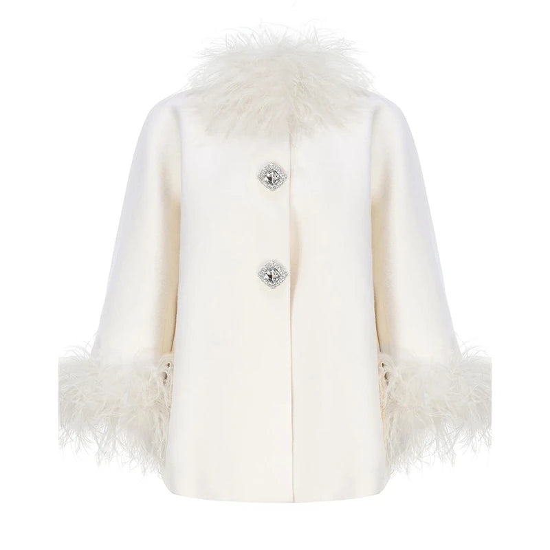 Elegant Feather Spliced Women's Coat Loose Feather Cuff Collar Lady Poncho Outwear 2024 Winter High Street Jacket New In Coats