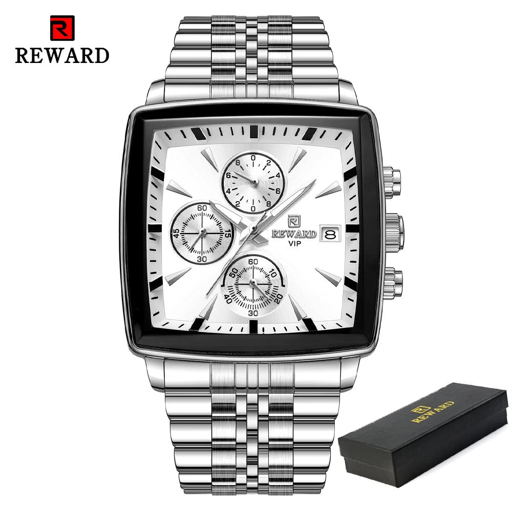 REWARD Fashion Square Dial Watch for Men Stainless Steel Waterproof Quartz Chronograph Mens Watches Luxury Sport Male Clock