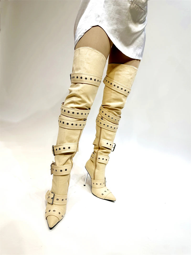 New Women's Denim Metal Rivet Buckle Sandals Women's Sexy Punk Style Pointed Hollow Metal 11cm High Heel Knee High Boots Size43