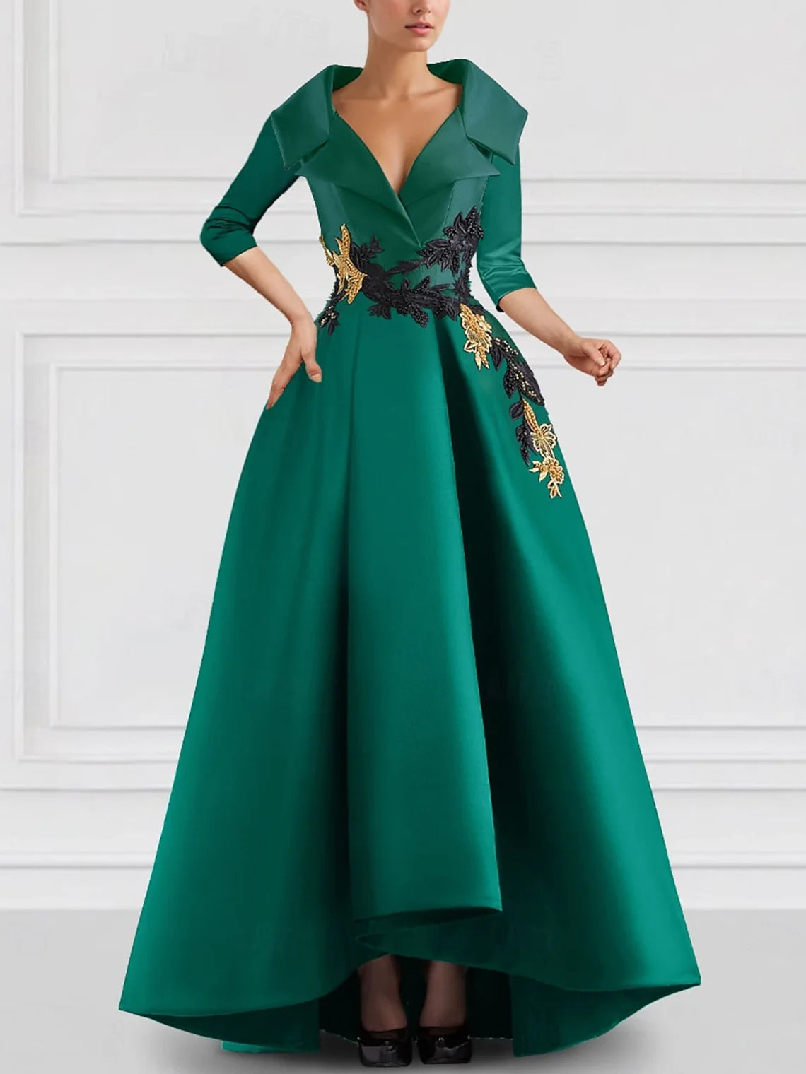 Black A-Line Evening Gowns Vintage Embroidered Elegant Dress Formal V Neck Pocket Satin Beading Appliques 2025 free customized