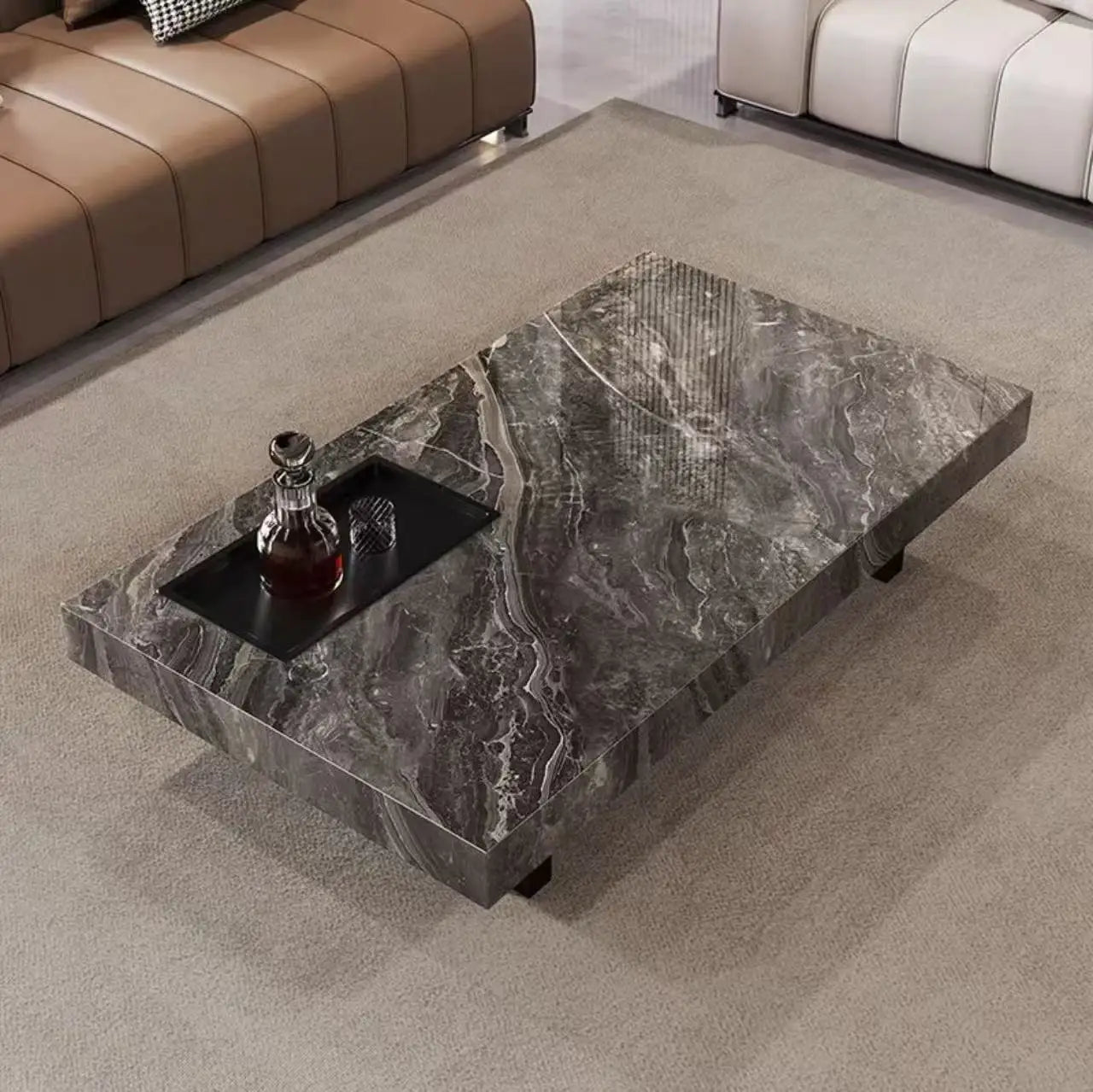 Marble-Top Side Table Minimalist Nordic With Subtle Veining — Onyx-Black | KIMLUD