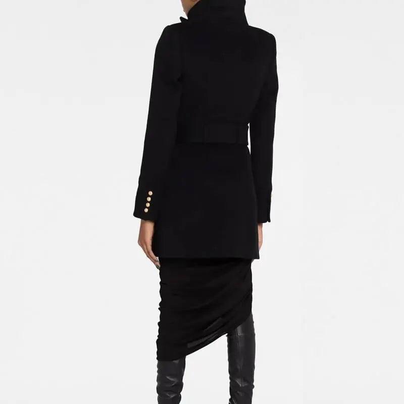 KIMLUD, Women New Winter Black Wool Coat Gold Double Breasted Long Sleeve Coat, KIMLUD Womens Clothes